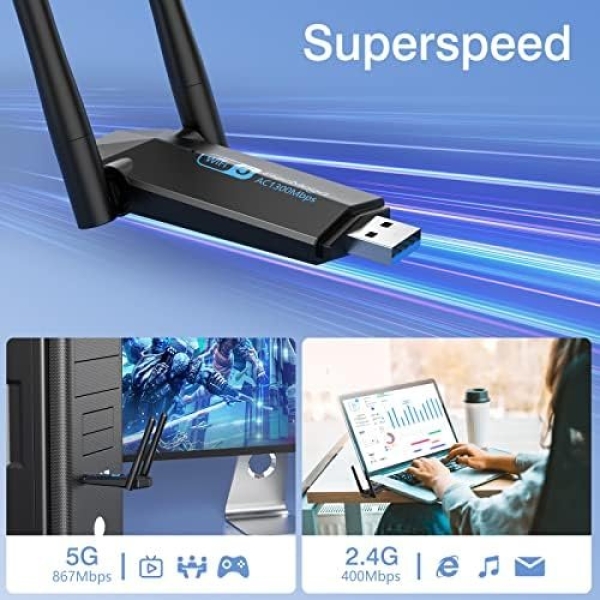 ElecMoga USB WiFi Adapter, 1300Mbps WiFi Dongle USB 3.0 Dual Band 5G/2.4G - Image 8
