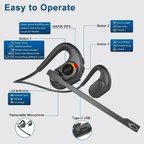 BANIGIPA Bluetooth Headset with Removable Microphone, Noise Cancelling Wireless - Image 7
