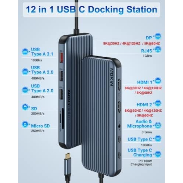 USB C Docking Station for 8K Single Monitor Display, 4K Triple Monitors Display - Image 2
