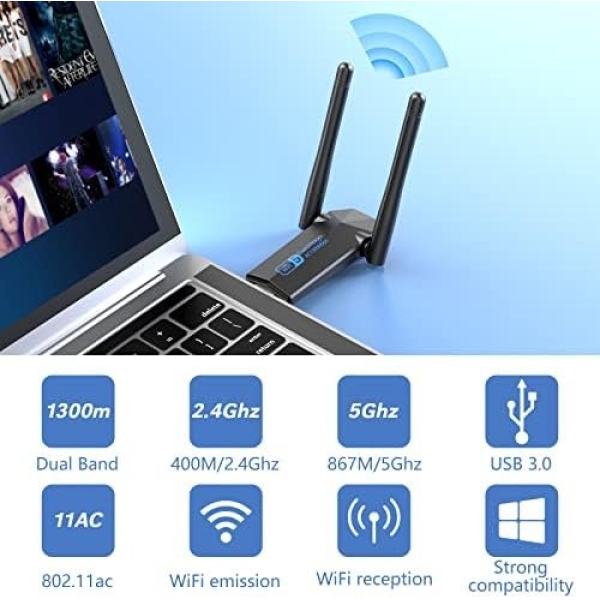 ElecMoga USB WiFi Adapter, 1300Mbps WiFi Dongle USB 3.0 Dual Band 5G/2.4G - Image 3