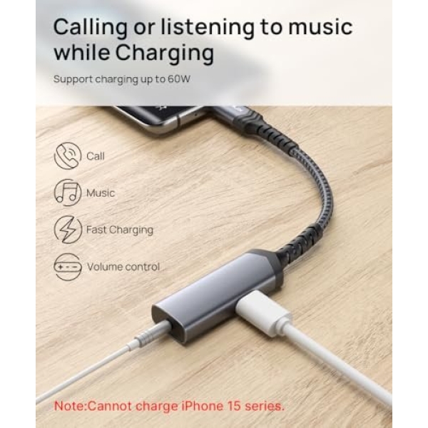 JSAUX USB C to 3.5mm Headphone and Charger Adapter,2-in-1 AUX Mic Jack - Image 2